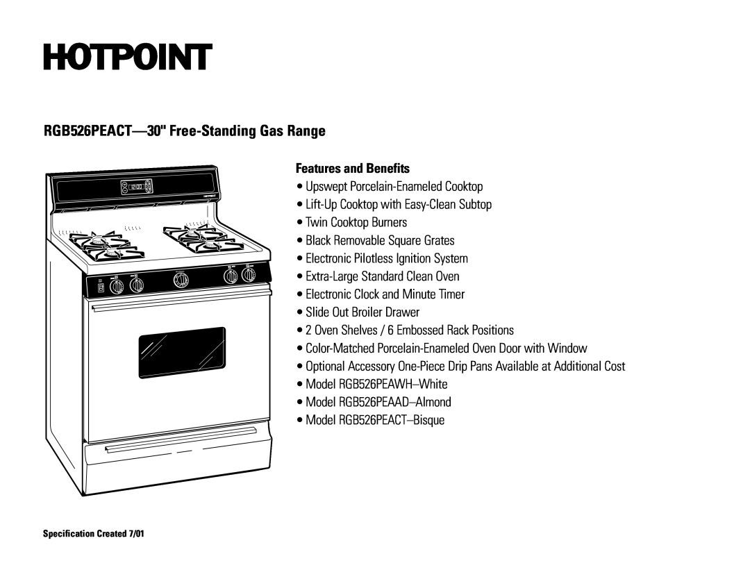 Hotpoint dimensions RGB526PEACT-30 Free-StandingGas Range, Features and Benefits 