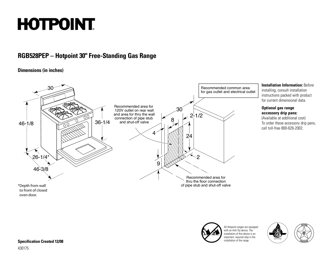 Hotpoint RGB528PENWW installation instructions RGB528PEP Hotpoint 30 Free-Standing Gas Range, 1/2, 46-1/8 26-1/4 46-3/8 