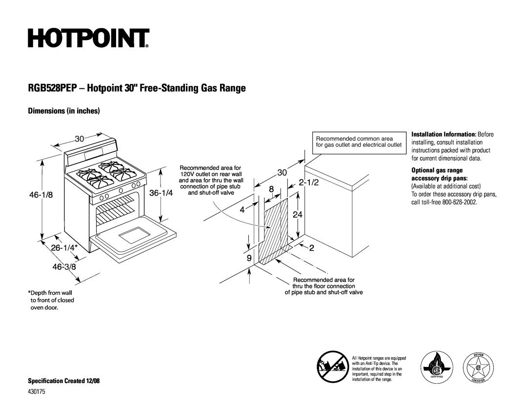 Hotpoint RGB528PENWW installation instructions RGB528PEP - Hotpoint 30 Free-StandingGas Range, 30 46-1/8 26-1/4 46-3/8 