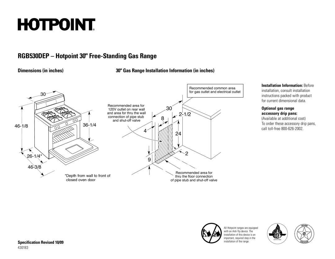 Hotpoint RGB530DEPBB installation instructions RGB530DEP Hotpoint 30 Free-Standing Gas Range, 1/2, Dimensions in inches 