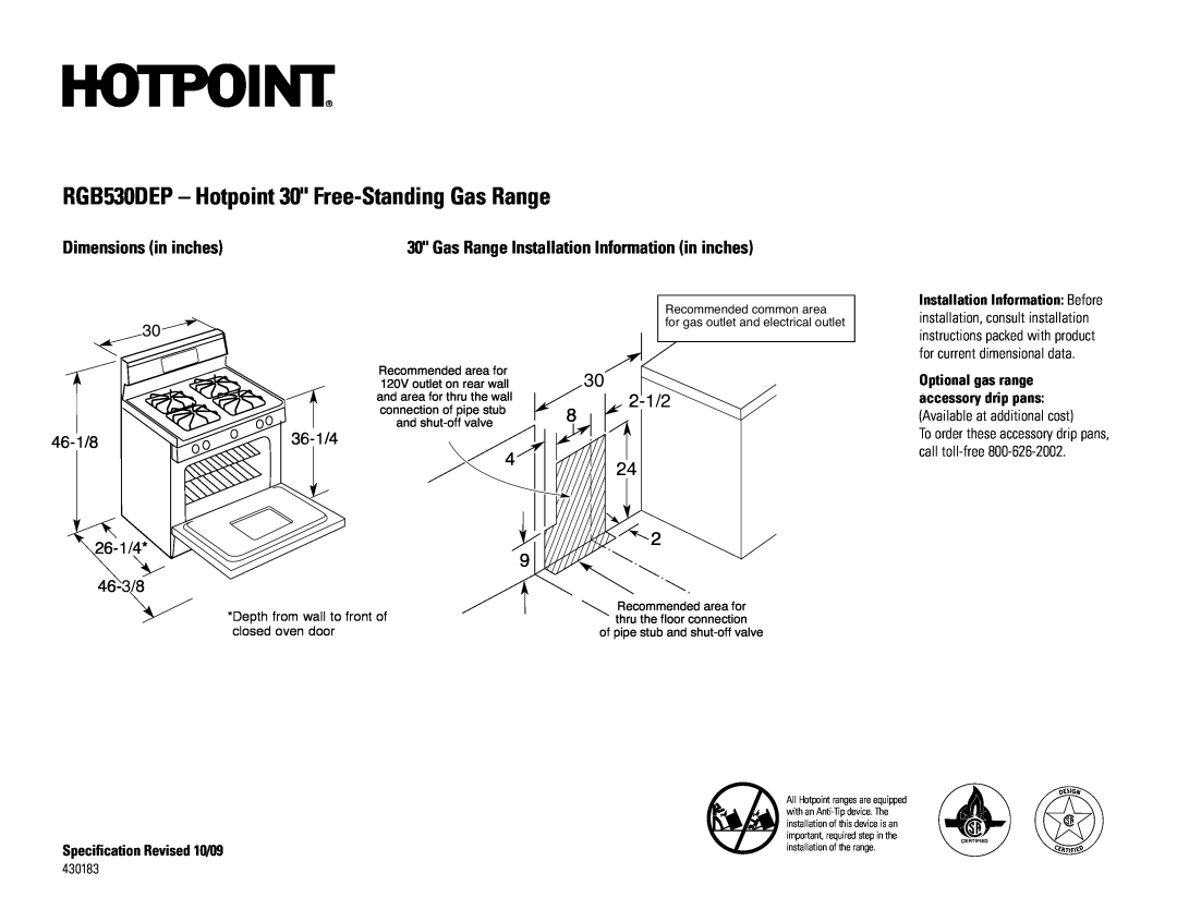Hotpoint RGB530DEPBB installation instructions RGB530DEP - Hotpoint 30 Free-StandingGas Range, Dimensions in inches 
