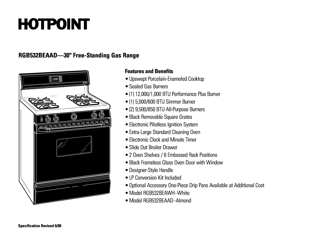 Hotpoint dimensions RGB532BEAAD-30 Free-StandingGas Range, Features and Benefits 