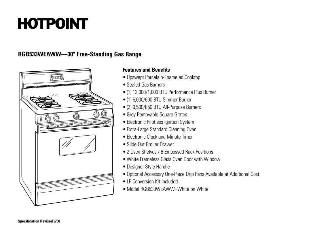 Hotpoint RGB533WEAWW dimensions Features and Benefits 