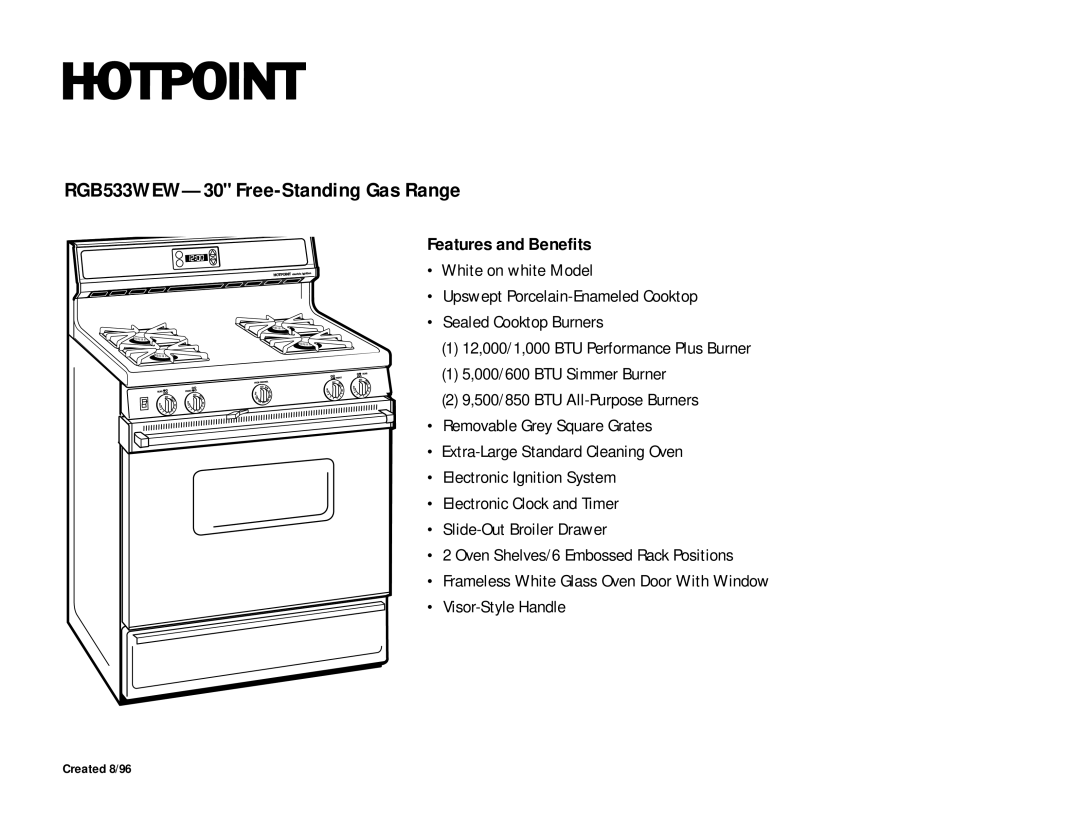 Hotpoint dimensions RGB533WEW-30 Free-Standing Gas Range, Features and Benefits 