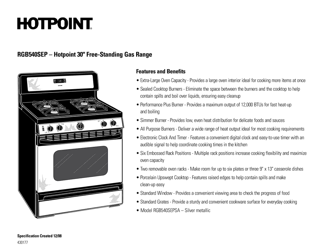 Hotpoint RGB540SEHSA dimensions Features and Benefits, Model RGB540SEPSA Silver metallic 