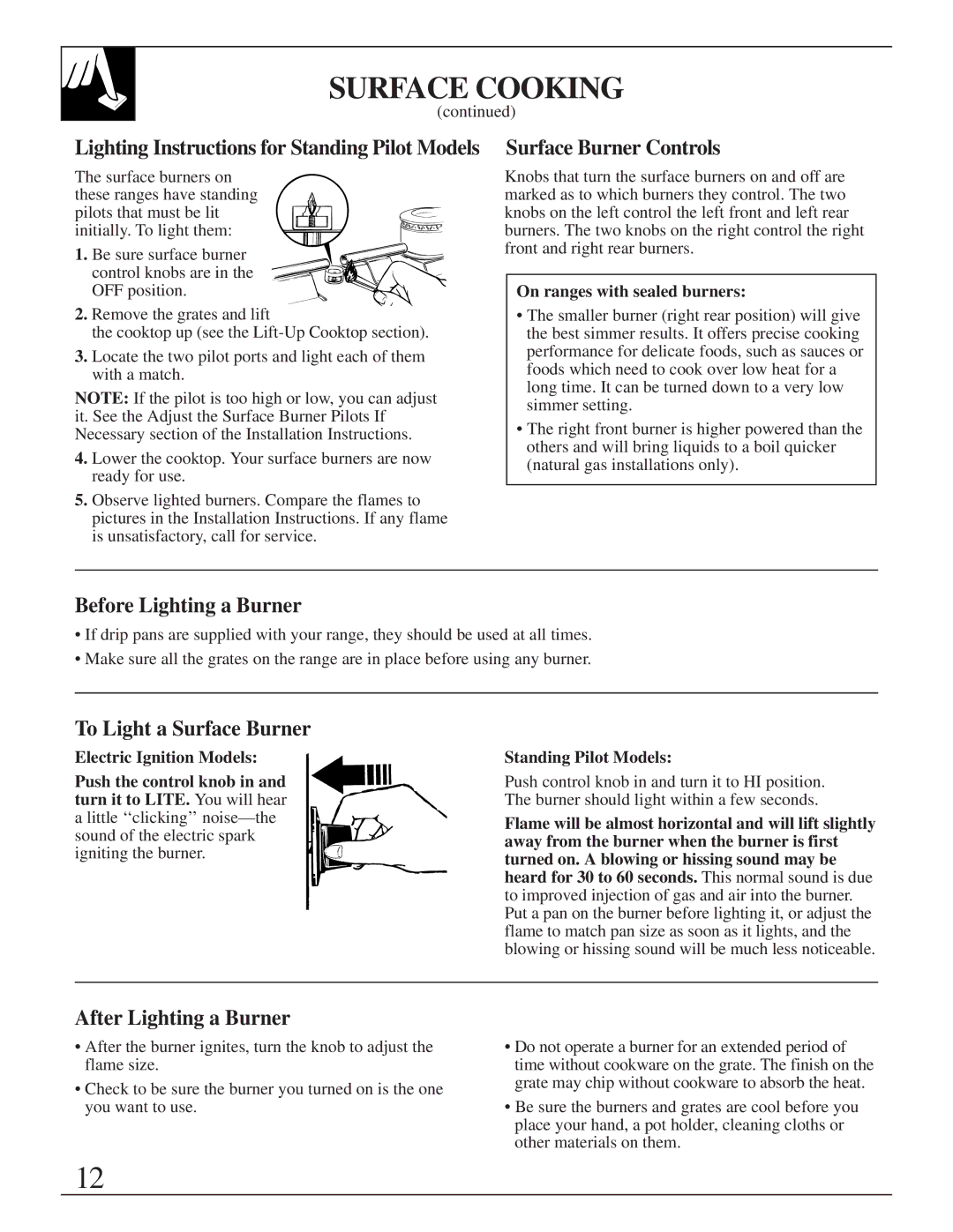 Hotpoint RGB535, RGB628, RGB533, RGB532, RGB530 Before Lighting a Burner, To Light a Surface Burner, After Lighting a Burner 