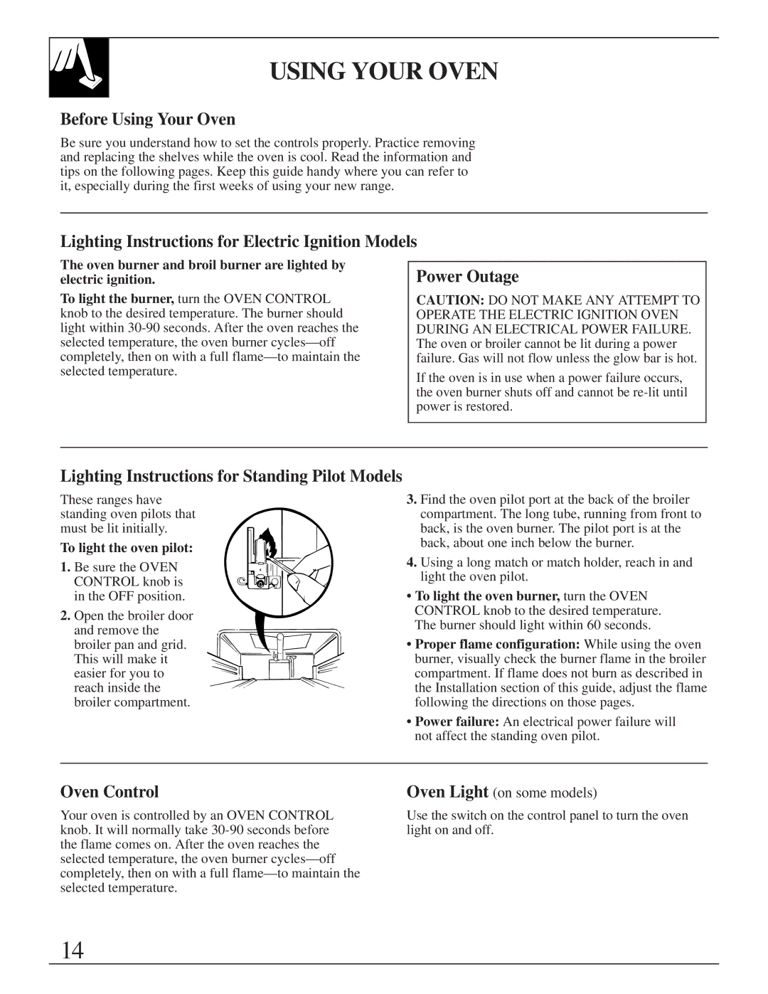 Hotpoint RGB532 Before Using Your Oven, Power Outage, Lighting Instructions for Standing Pilot Models, Oven Control 