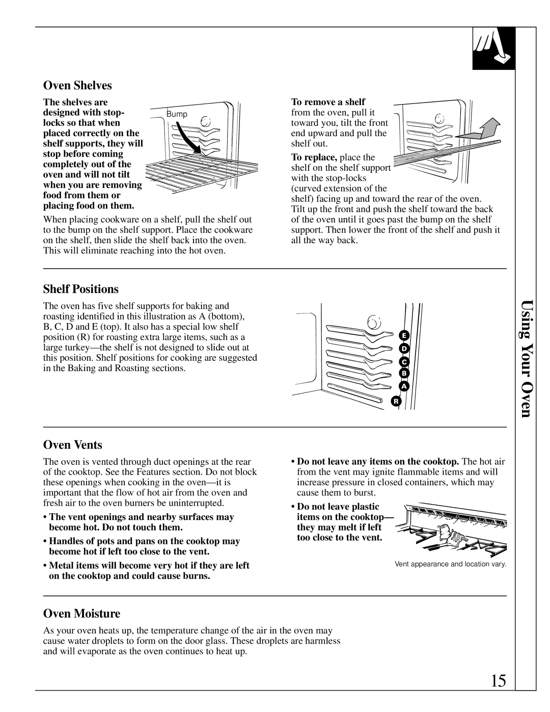 Hotpoint RGB530, RGB628, RGB535, RGB533, RGB532, RGB525, RGB526, RGB524 Oven Shelves, Shelf Positions, Oven Vents, Oven Moisture 