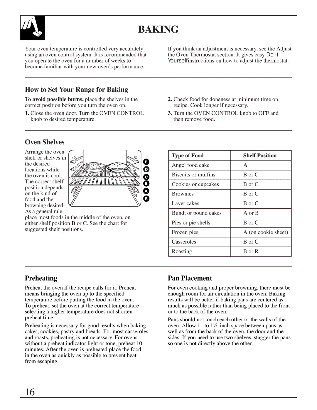 Hotpoint RGB525, RGB628 How to Set Your Range for Baking, Preheating, Pan Placement, Type of Food Shelf Position 