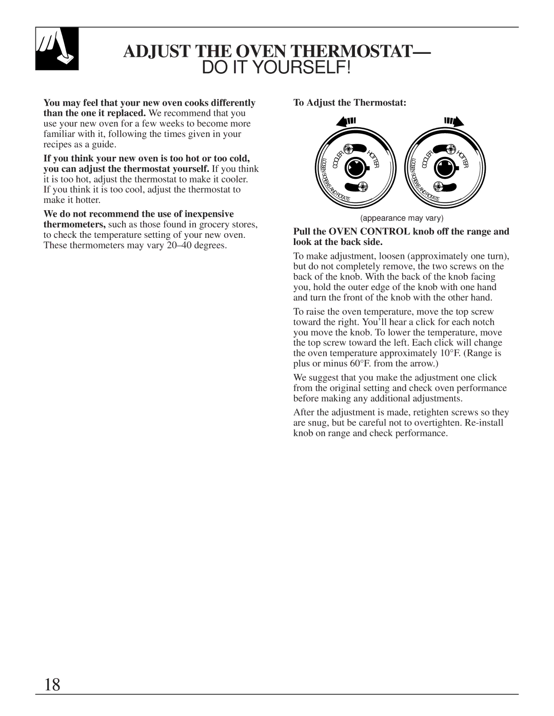Hotpoint RGB524, RGB628, RGB535, RGB533, RGB532, RGB530, RGB525, RGB526, RGB508, RGB528 Adjust the Oven Thermostat, Do IT Yourself 