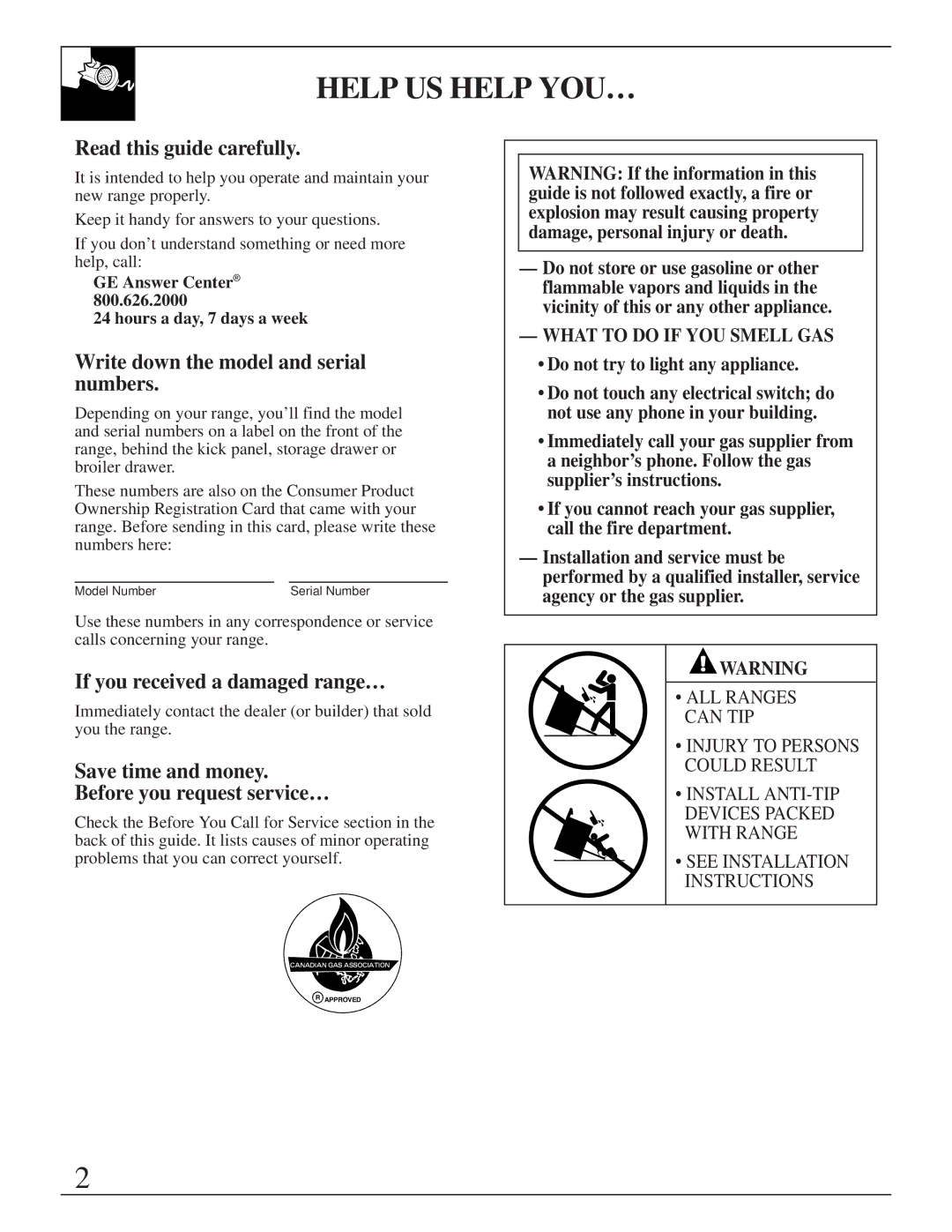 Hotpoint RGB533, RGB628, RGB535 Help US Help YOU…, Read this guide carefully, Write down the model and serial numbers 