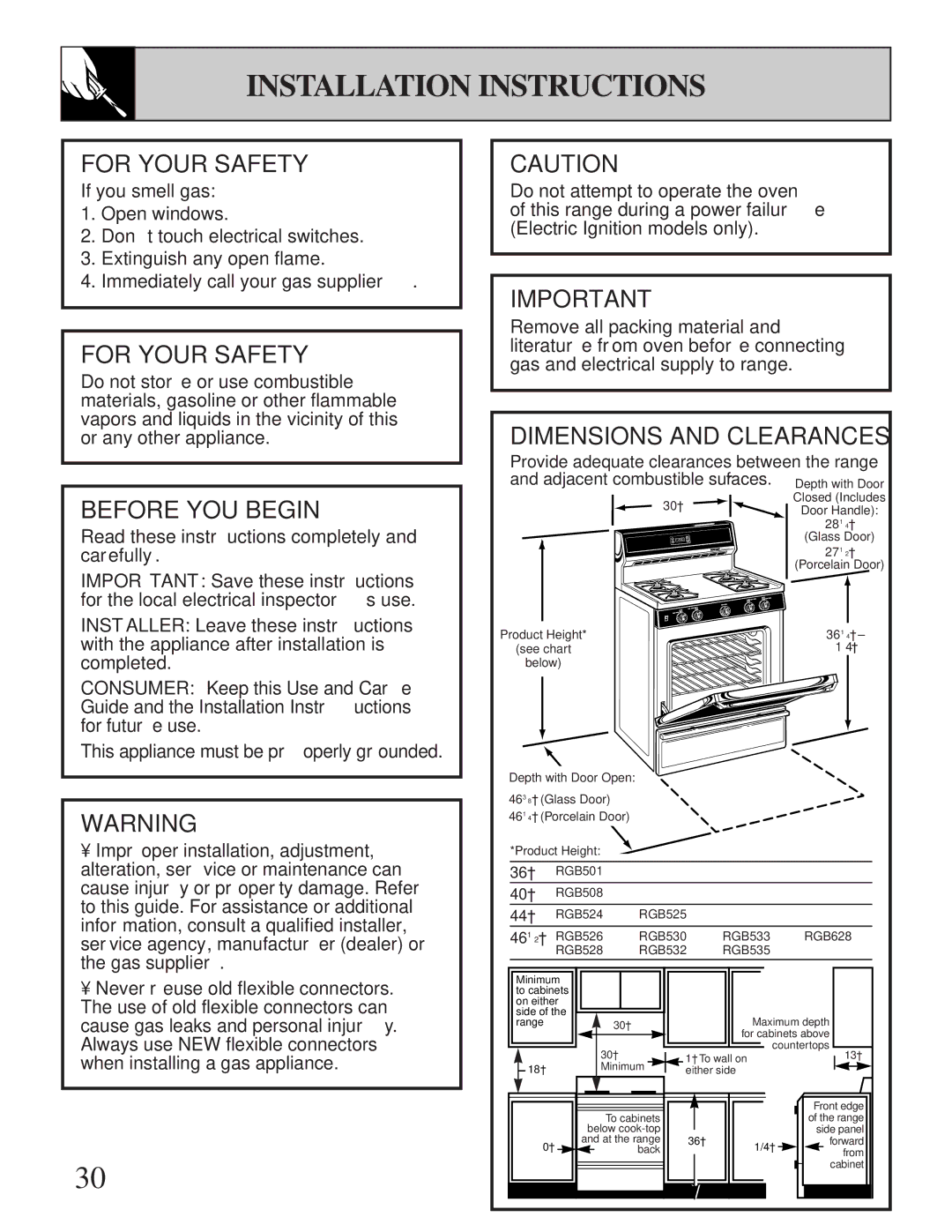 Hotpoint RGB508, RGB628, RGB535, RGB533, RGB532, RGB530, RGB525, RGB526, RGB524, RGB528 Installation Instructions, For Your Safety 