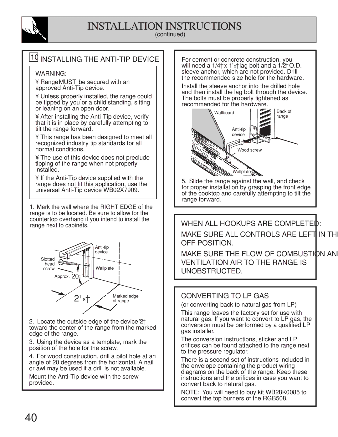 Hotpoint RGB524, RGB628, RGB535, RGB533, RGB532, RGB530, RGB525, RGB526, RGB508, RGB528, RGB501 installation instructions ⁄ 8 ″ 