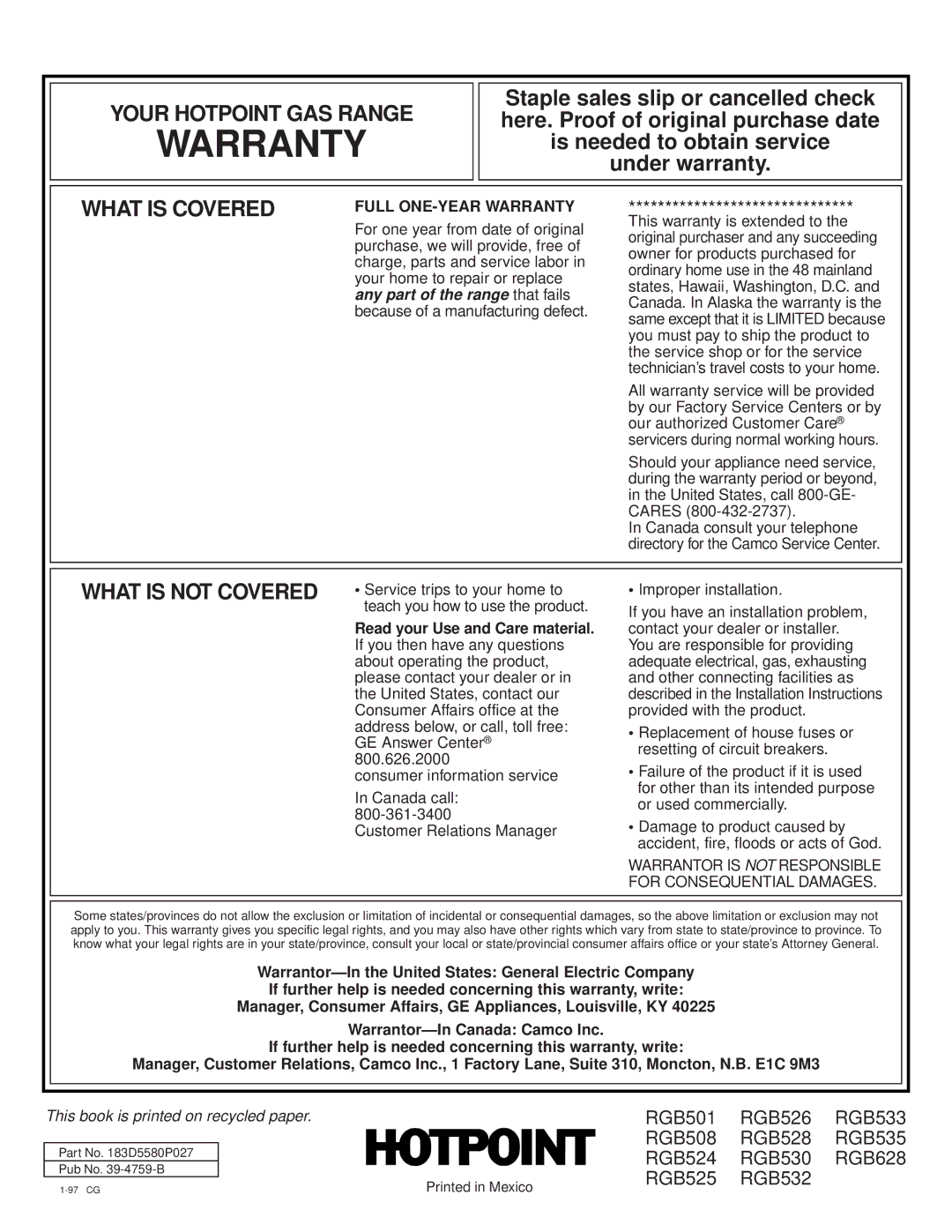 Hotpoint RGB628, RGB535, RGB533, RGB532, RGB530, RGB525, RGB526, RGB524, RGB508, RGB528, RGB501 installation instructions Warranty 