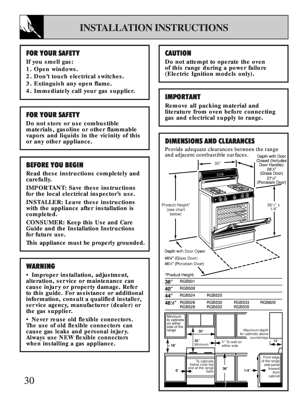 Hotpoint RGB508, RGB628, RGB535 Installation Instructions, For Your Safety, Before You Begin, Dimensions And Clearances 