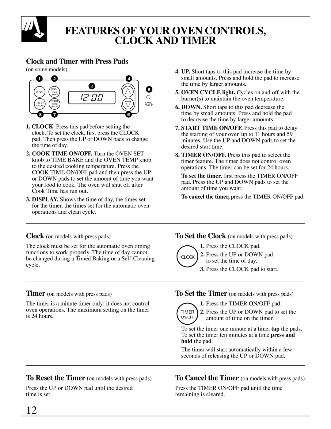 Hotpoint RGB744 installation instructions Features of Your Oven Controls Clock and Timer, Clock and Timer with Press Pads 