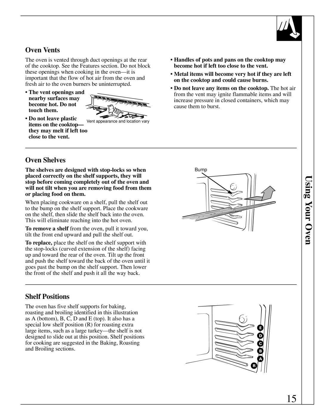 Hotpoint RGB744 Oven Vents, Oven Shelves, Shelf Positions, Shelves are designed with stop-locks so when 