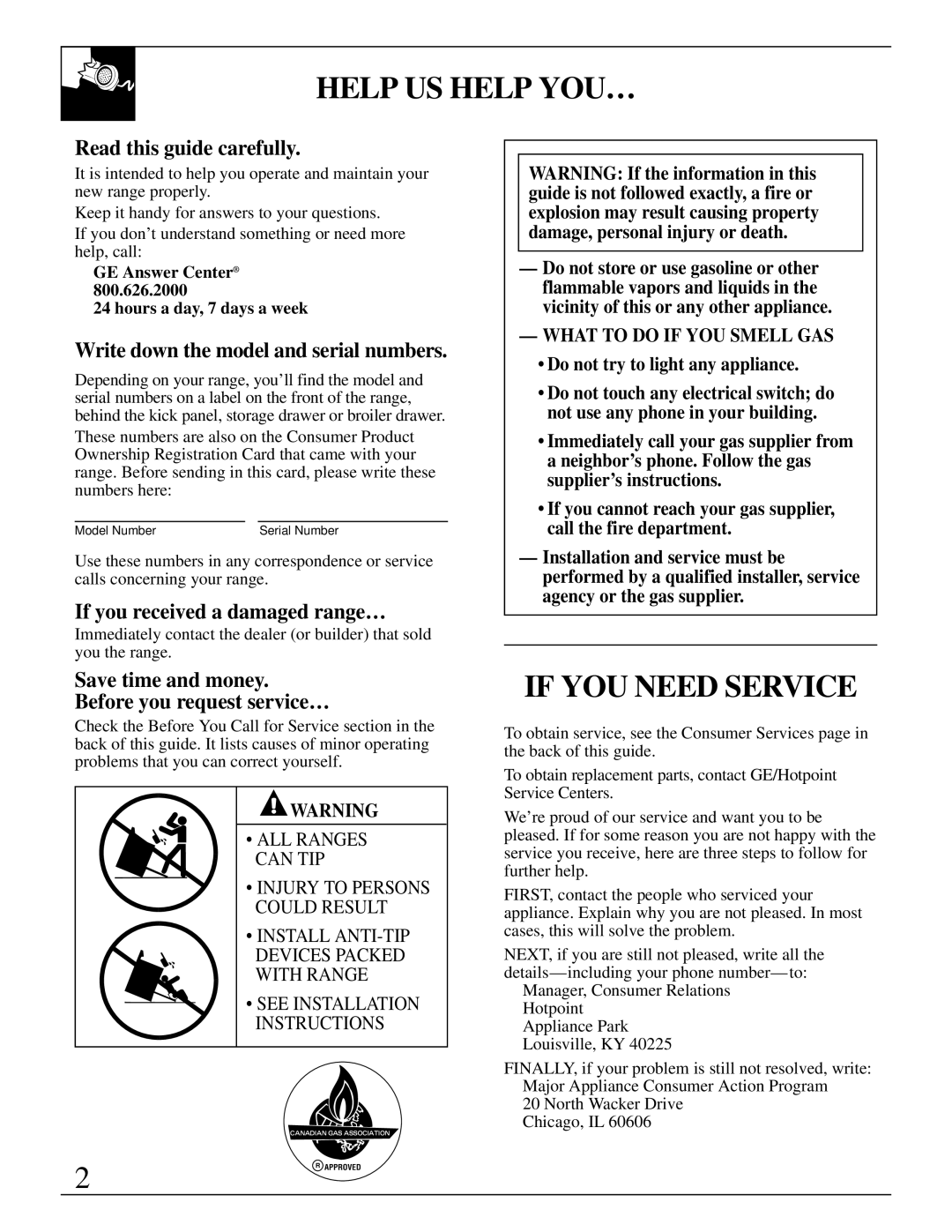 Hotpoint RGB744 installation instructions Help US Help YOU…, If YOU Need Service 