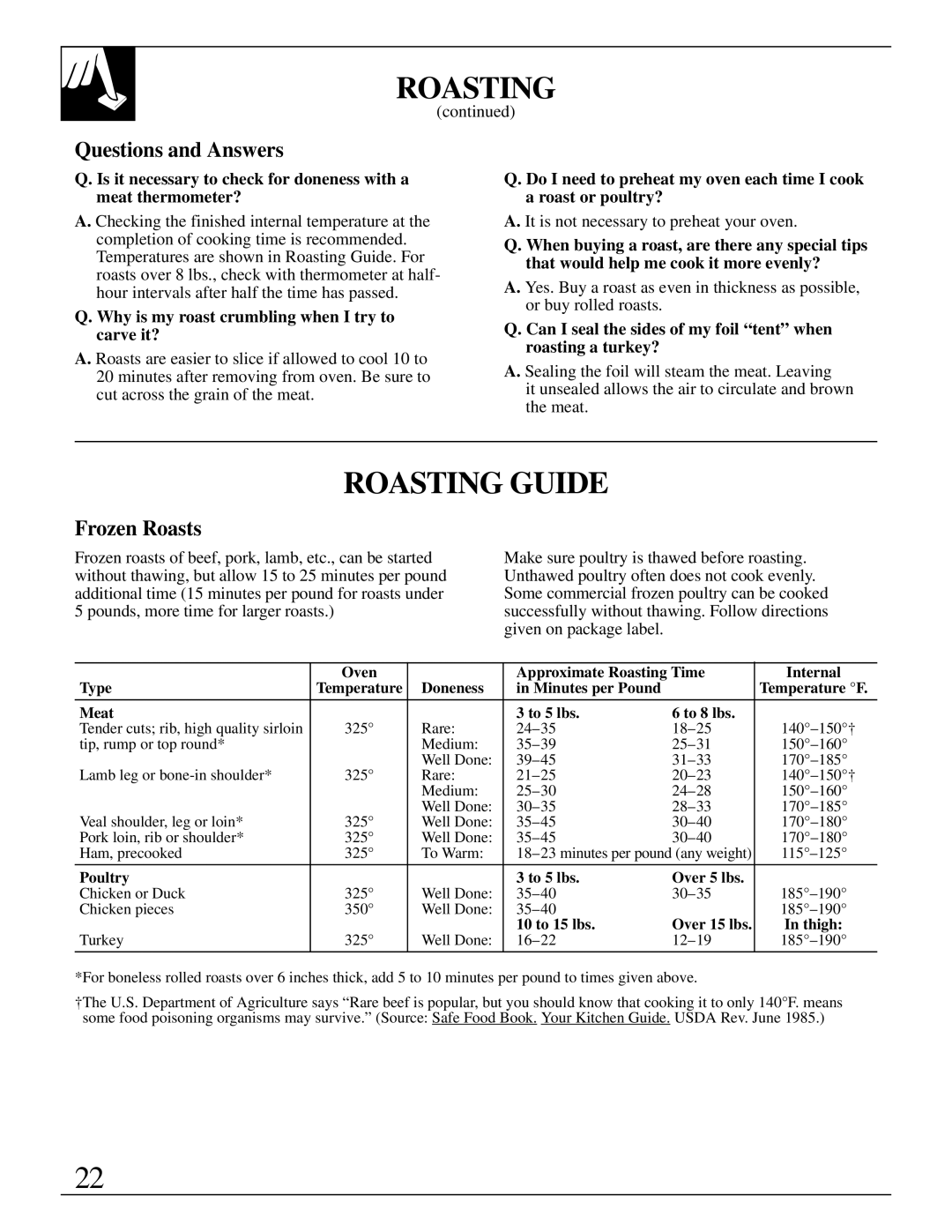 Hotpoint RGB744 installation instructions Roasting Guide, Frozen Roasts, Why is my roast crumbling when I try to carve it? 