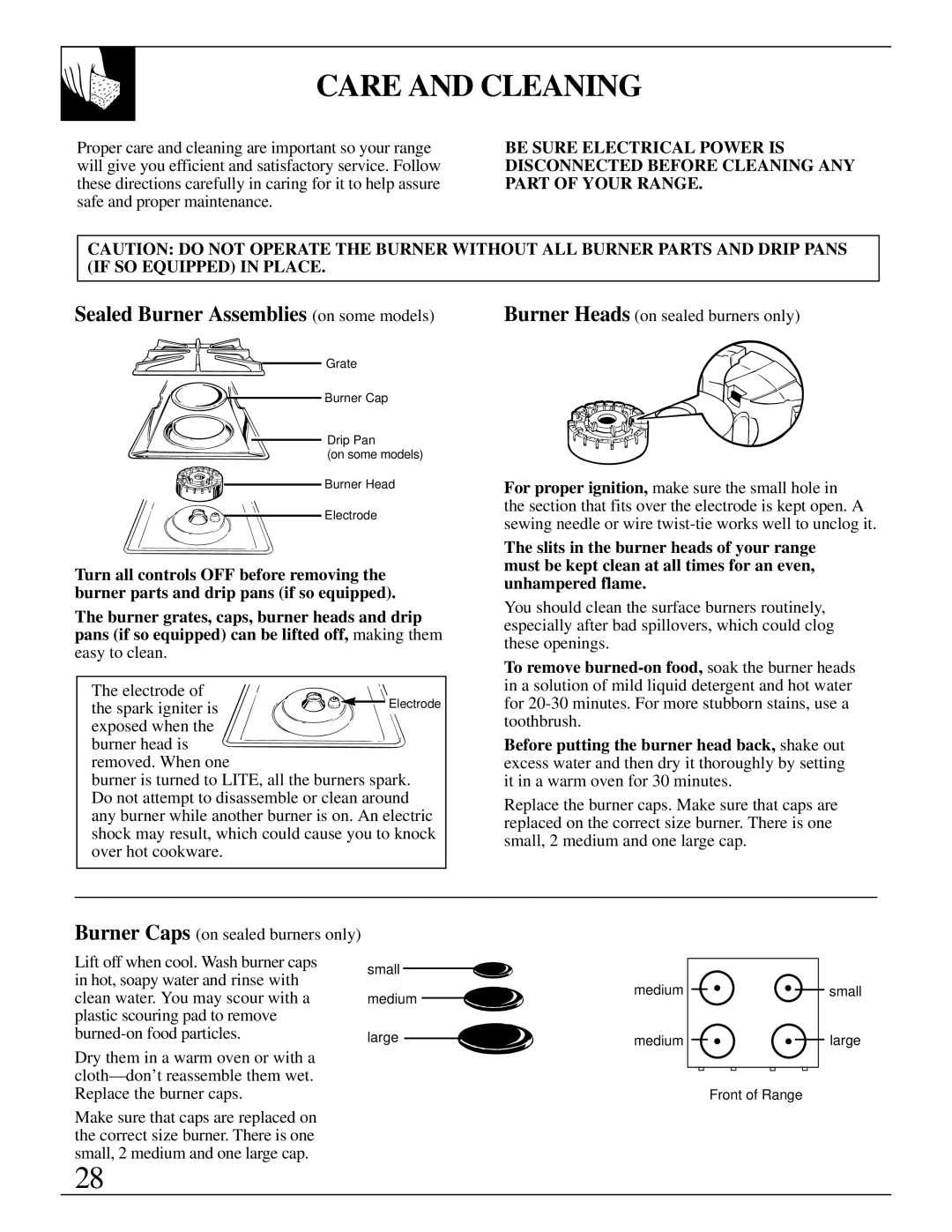 Hotpoint RGB744 installation instructions Care and Cleaning, Sealed Burner Assemblies on some models 