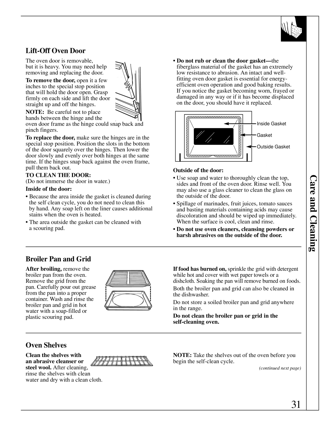 Hotpoint RGB744 installation instructions Lift-Off Oven Door, Broiler Pan and Grid, Inside of the door, Outside of the door 