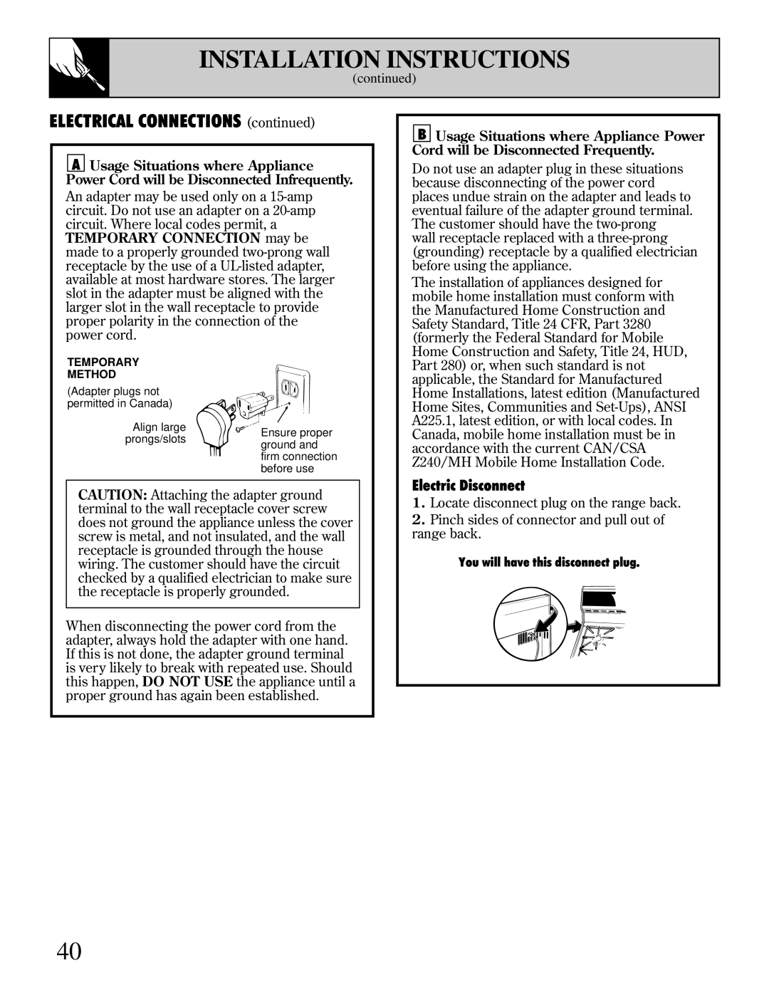 Hotpoint RGB744 installation instructions Electrical Connections, Electric Disconnect 