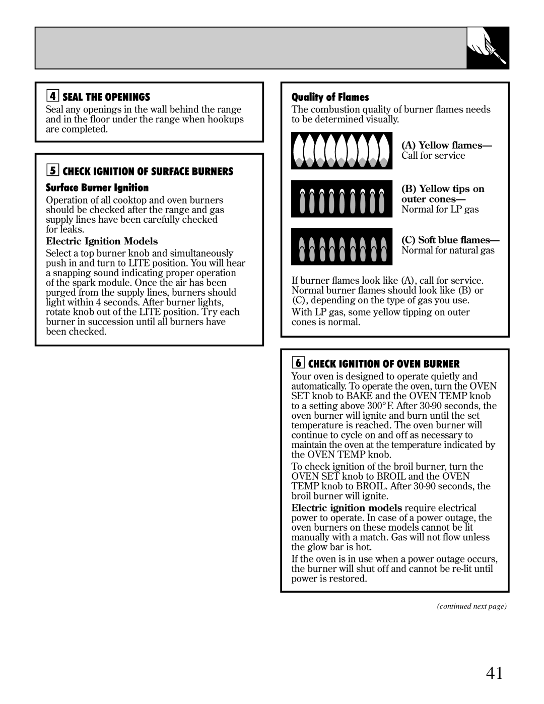 Hotpoint RGB744 Seal the Openings, Check Ignition of Surface Burners, Surface Burner Ignition, Quality of Flames 