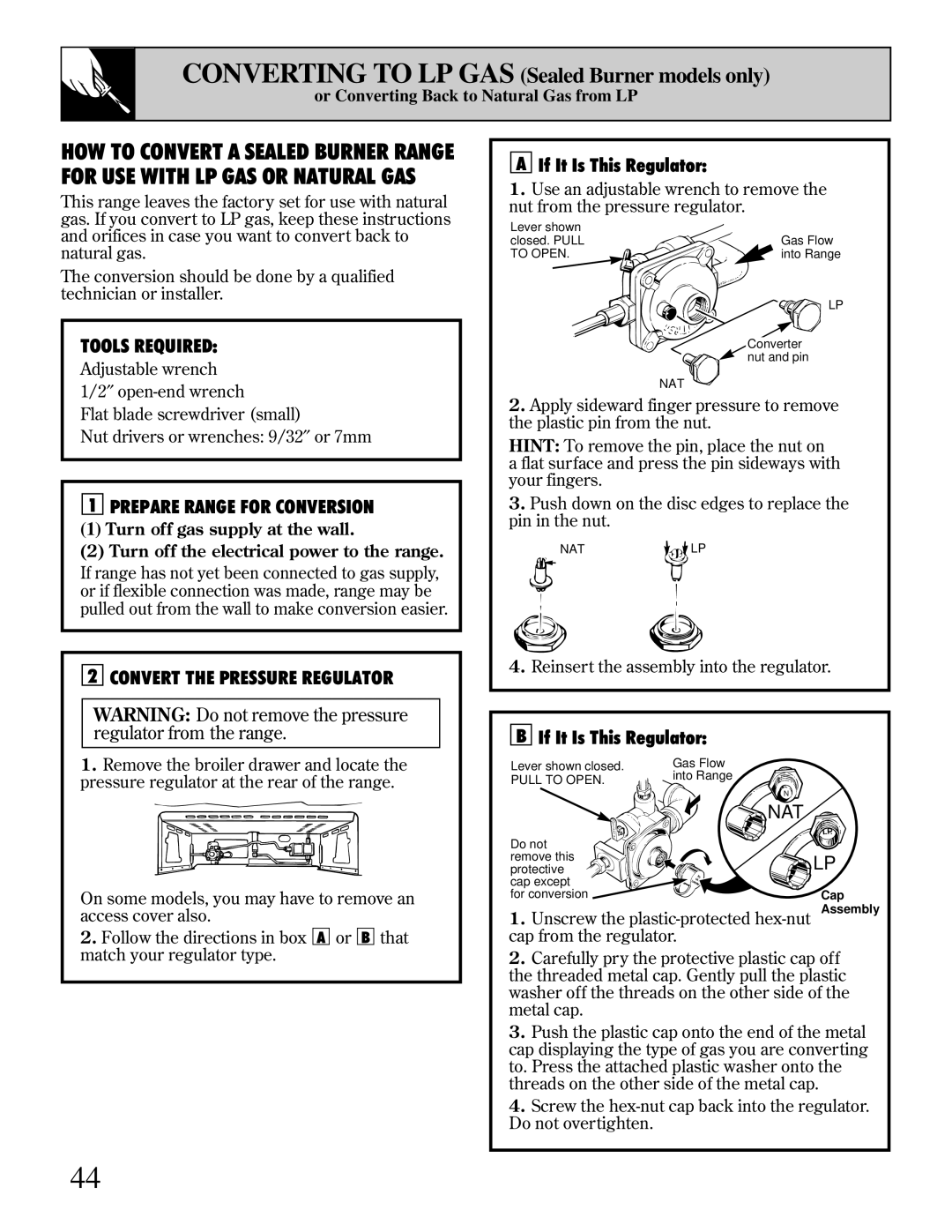 Hotpoint RGB744 Converting to LP GAS Sealed Burner models only, Tools Required, Prepare Range for Conversion 