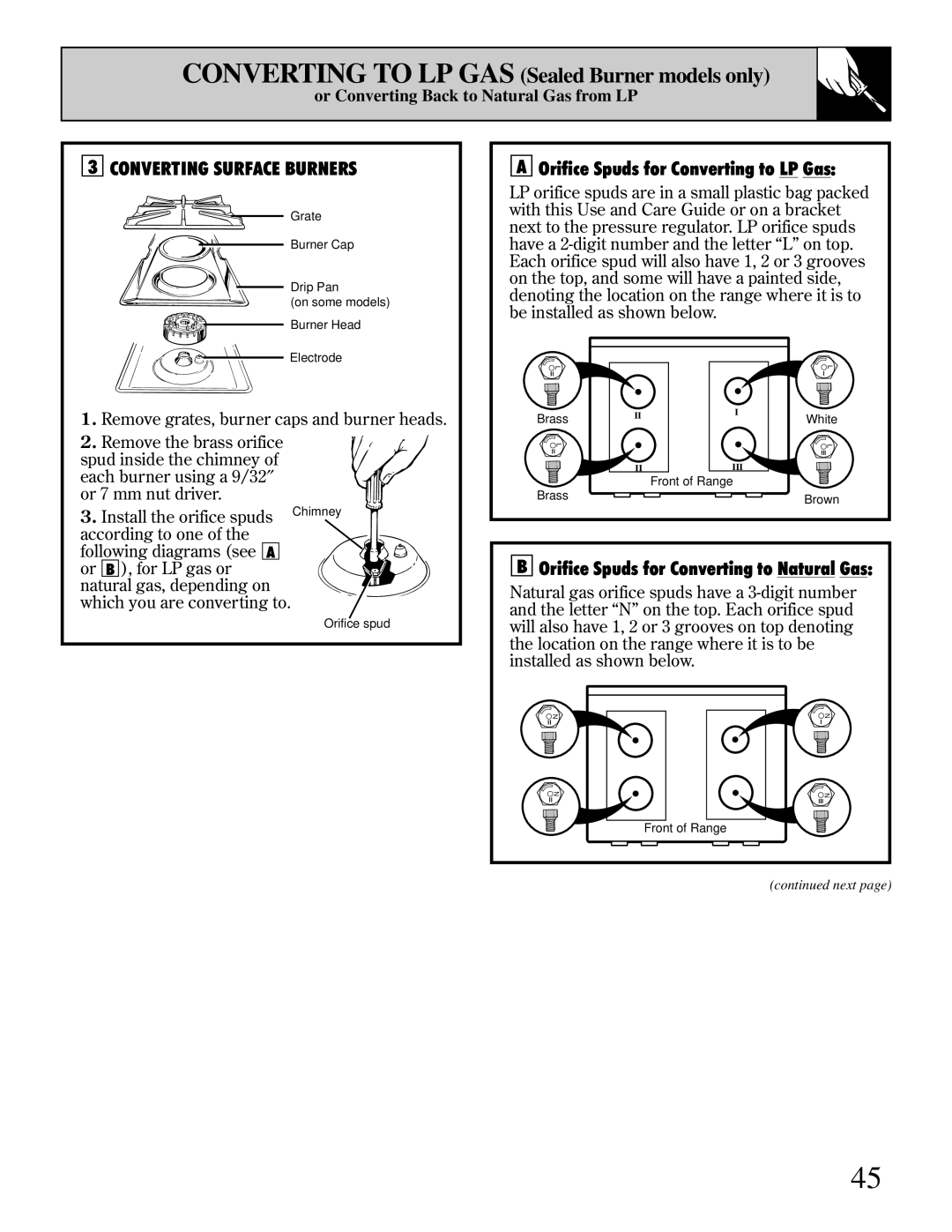 Hotpoint RGB744 installation instructions Converting Surface Burners, Orifice Spuds for Converting to LP Gas 