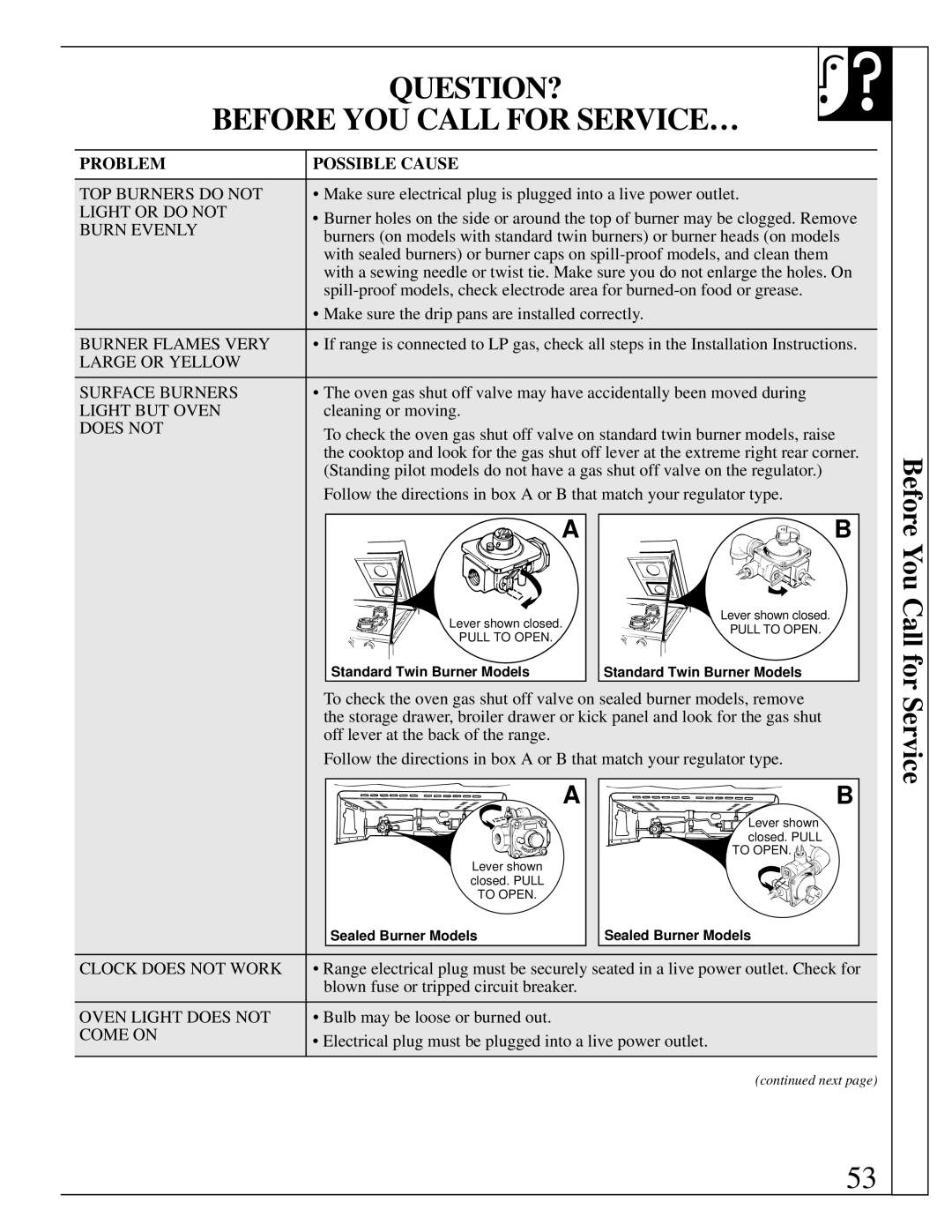 Hotpoint RGB744 installation instructions QUESTION? Before YOU Call for SERVICE…, Problem Possible Cause 