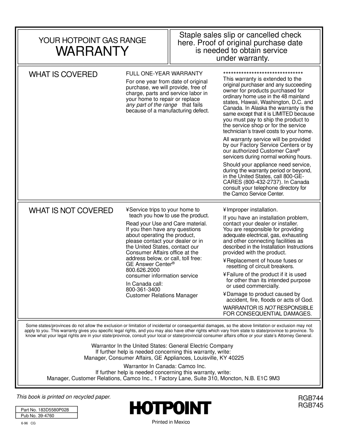 Hotpoint RGB744 installation instructions Warranty 