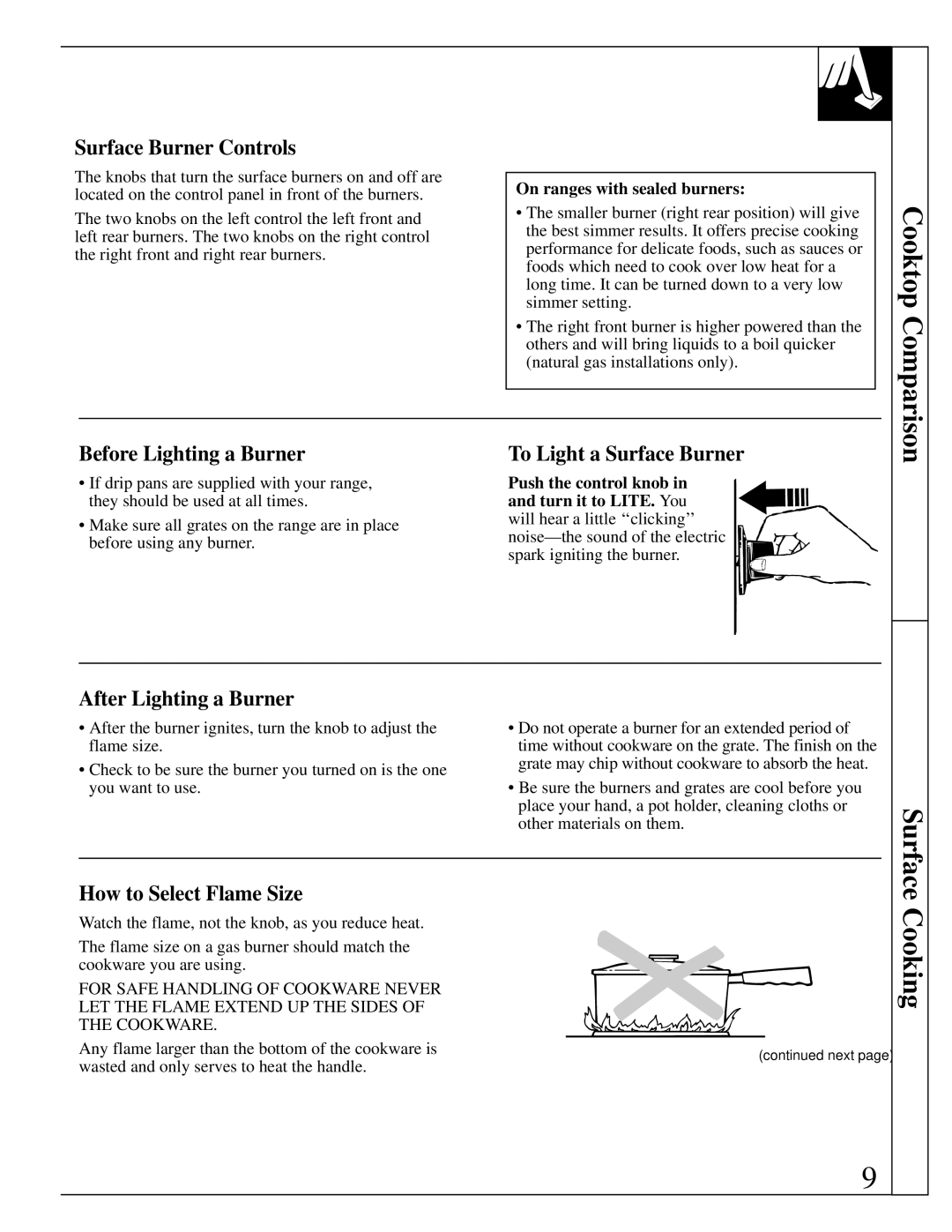 Hotpoint RGB744 Surface Burner Controls, Before Lighting a Burner, After Lighting a Burner, How to Select Flame Size 