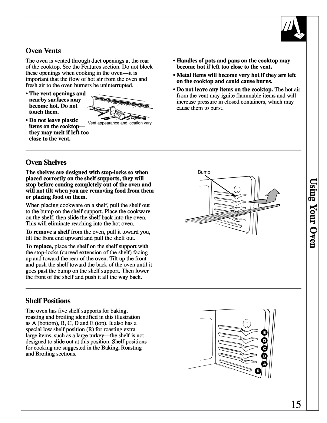 Hotpoint RGB744 installation instructions Using Your Oven, Oven Vents, Oven Shelves, Shelf Positions, and Broiling sections 