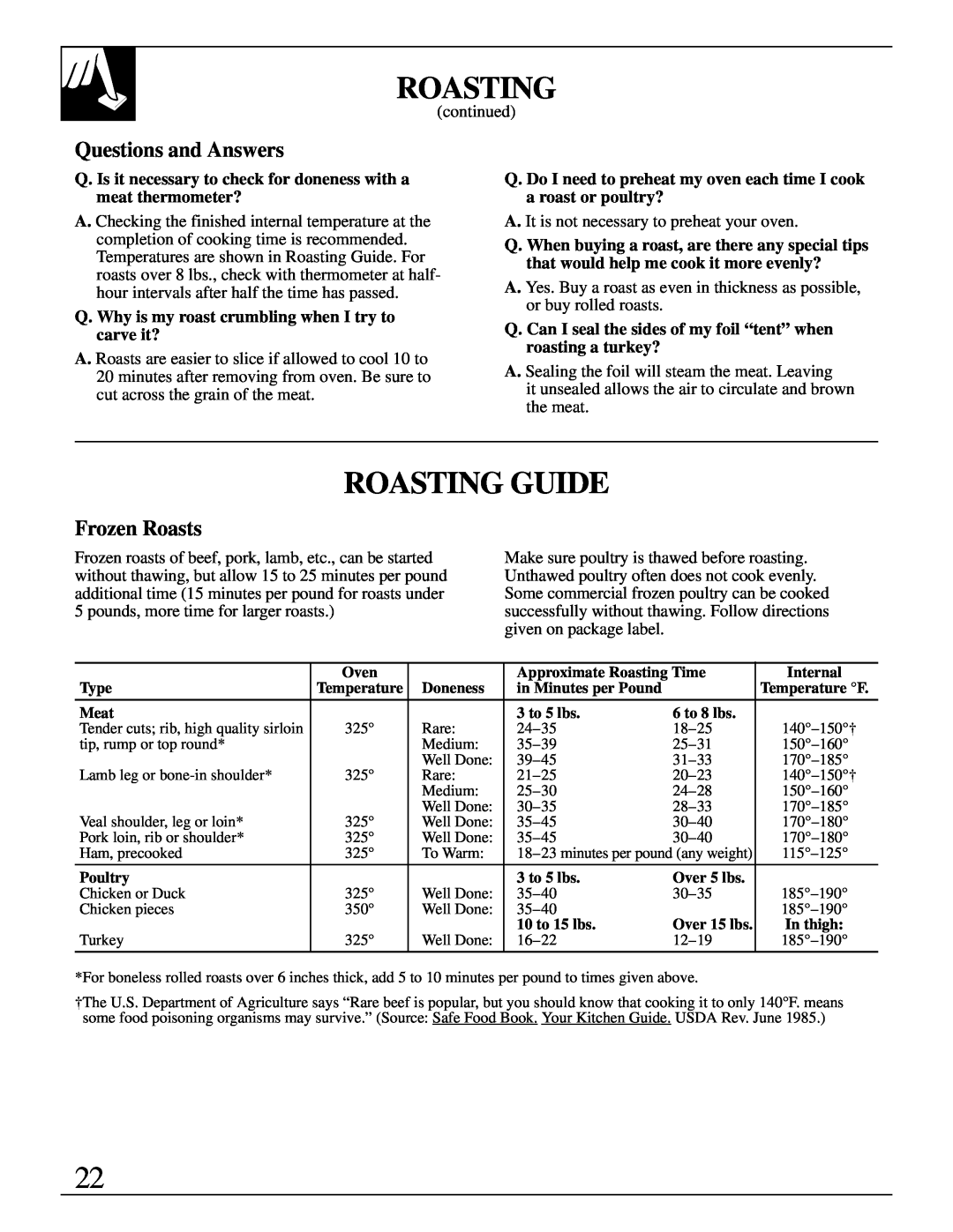 Hotpoint RGB744 installation instructions Roasting Guide, Frozen Roasts, Questions and Answers 