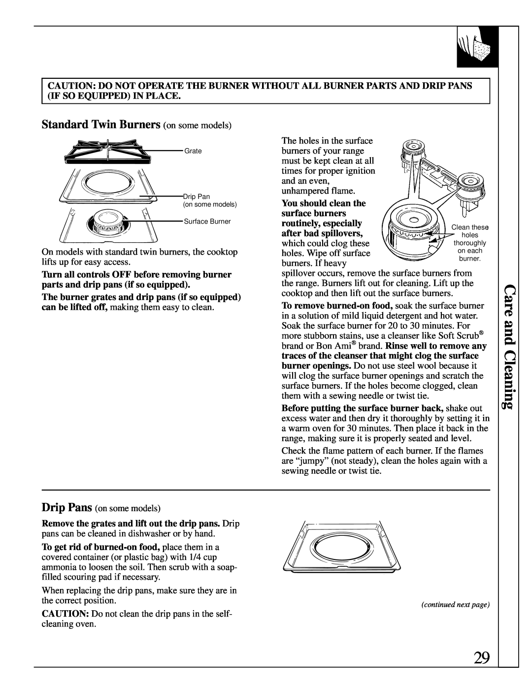 Hotpoint RGB744 installation instructions Care and Cleaning, Standard Twin Burners on some models 