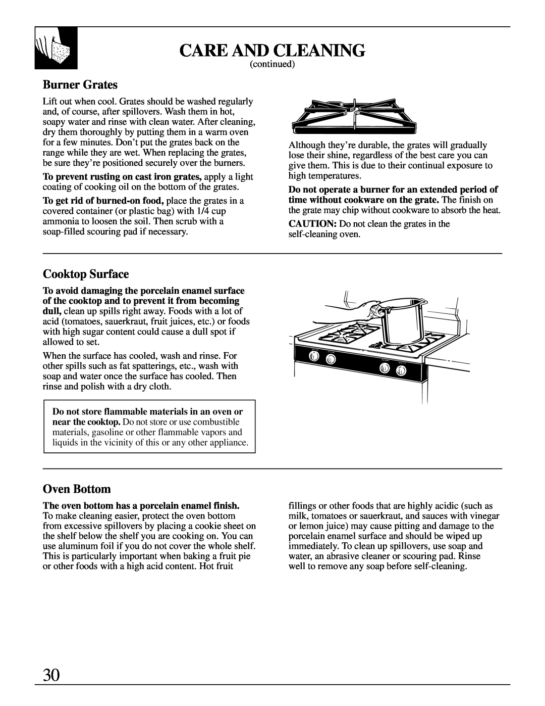 Hotpoint RGB744 installation instructions Burner Grates, Cooktop Surface, Oven Bottom, Care And Cleaning 