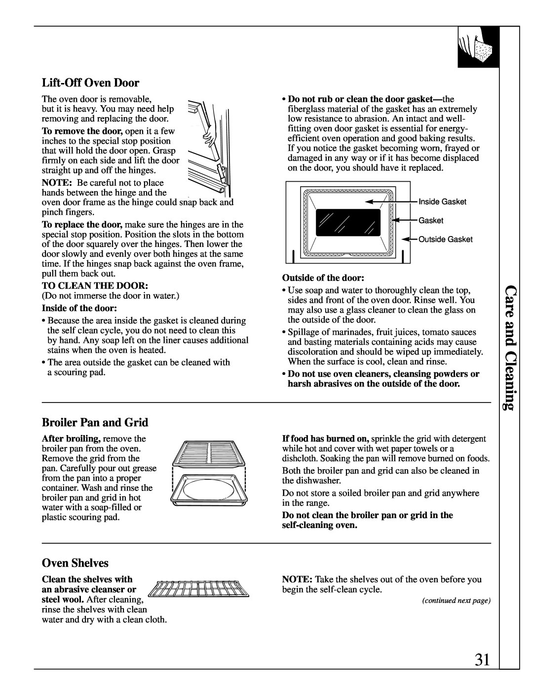 Hotpoint RGB744 installation instructions Lift-OffOven Door, Broiler Pan and Grid, Care and Cleaning, Oven Shelves 