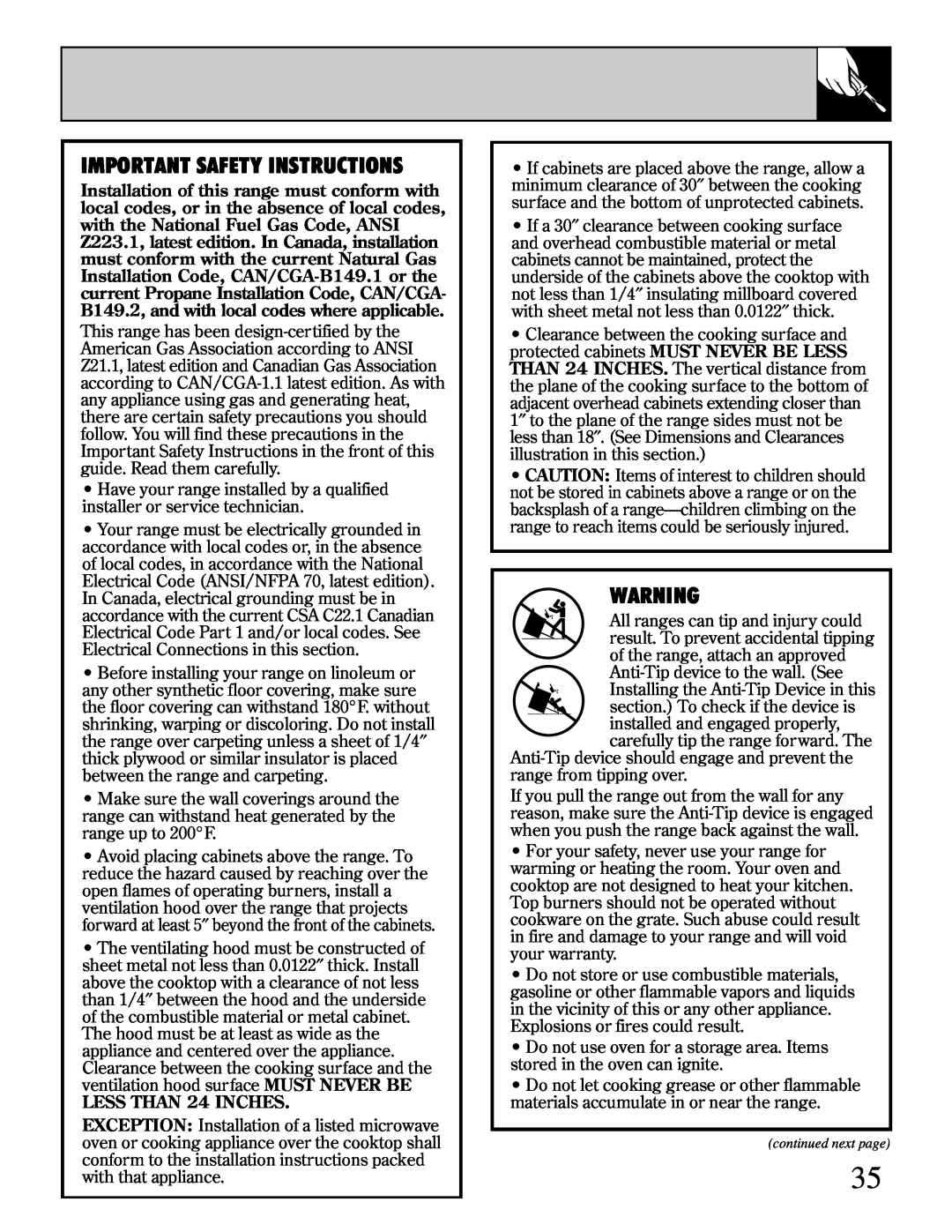 Hotpoint RGB744 installation instructions Important Safety Instructions, LESS THAN 24 INCHES 