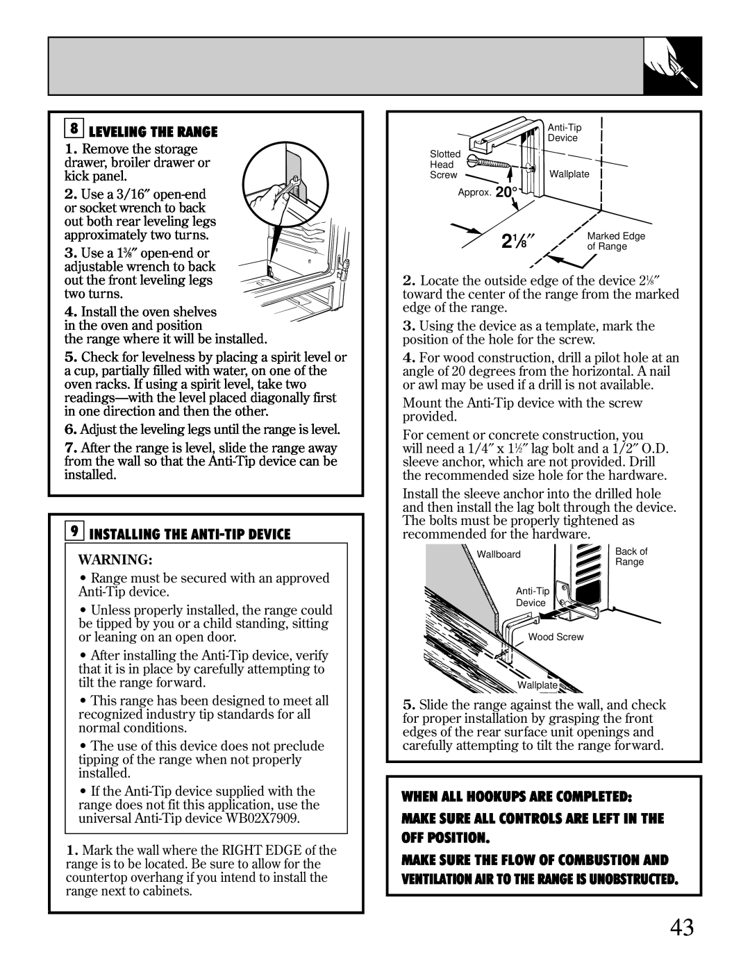 Hotpoint RGB744 installation instructions 21⁄8″, 8LEVELING THE RANGE, Installing The Anti-Tipdevice 