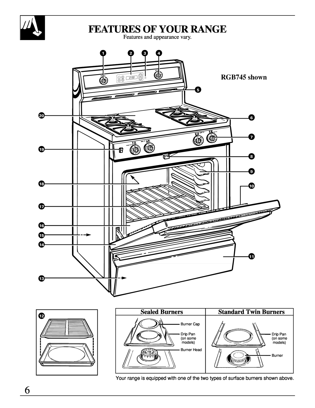 Hotpoint RGB744 installation instructions Features Of Your Range, RGB745 shown, 19 8 9, 16 15 14 11 13 