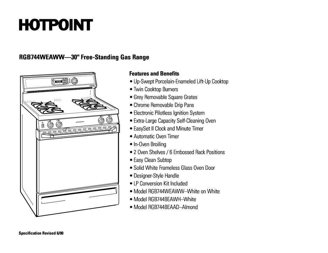 Hotpoint dimensions RGB744WEAWW-30 Free-Standing Gas Range, Features and Benefits 