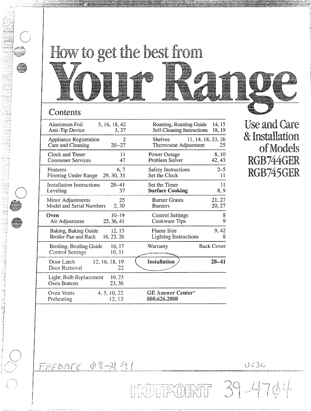 Hotpoint RGB744GER, RGB745GER installation instructions 