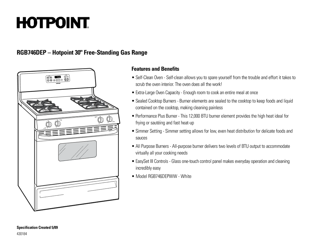 Hotpoint RGB746DEPWW dimensions Features and Benefits 