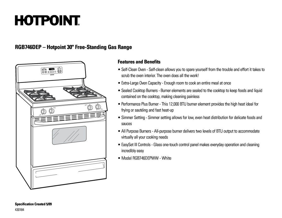 Hotpoint RGB746DEPWW dimensions RGB746DEP - Hotpoint 30 Free-StandingGas Range, Features and Benefits 