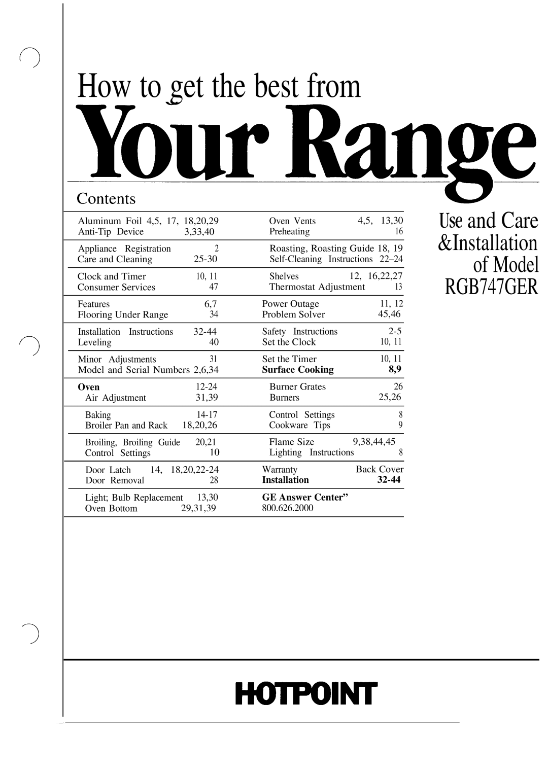 Hotpoint RGB747GER installation instructions Surface Cooking Oven, 32-44, GE Answer Center 