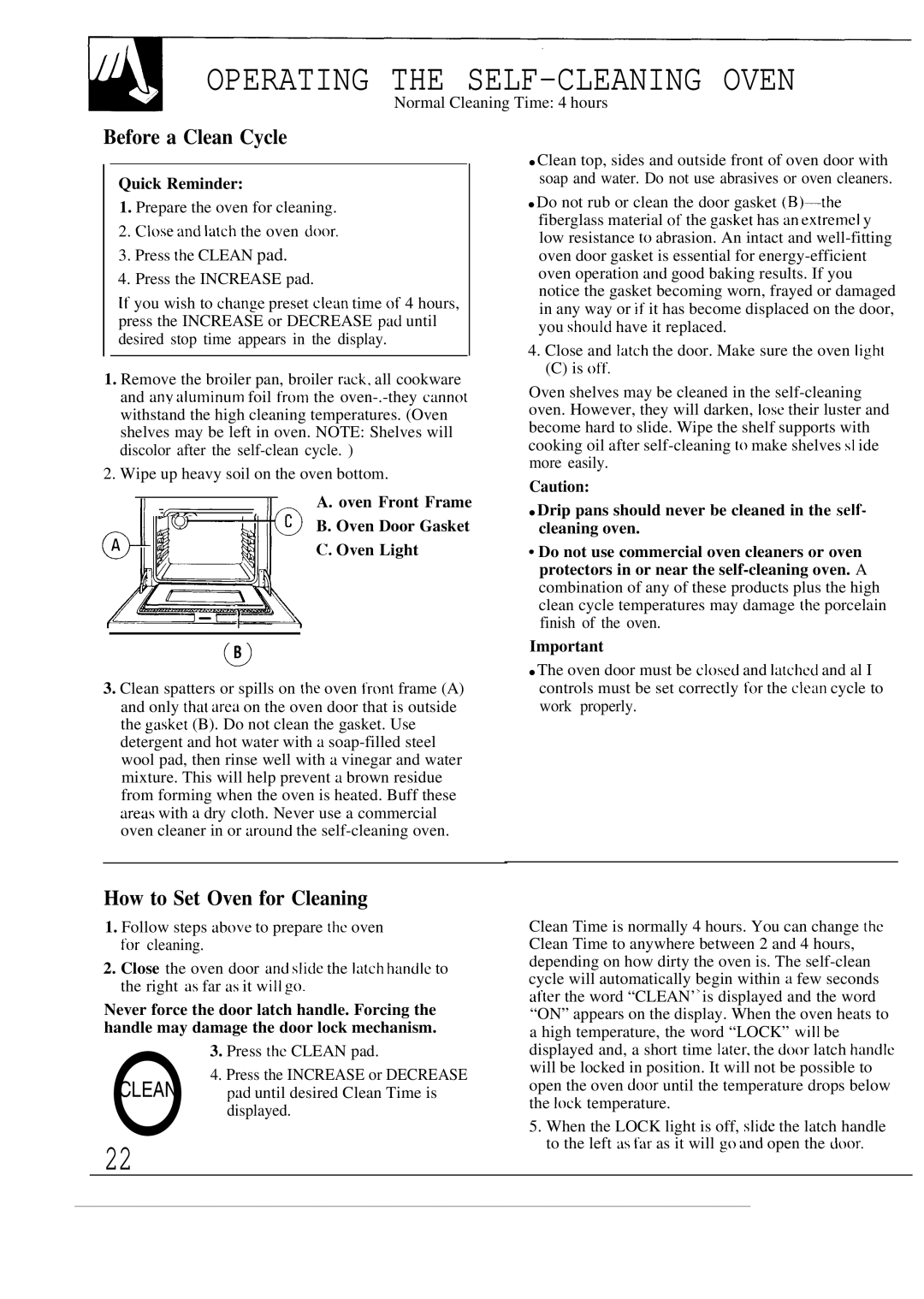 Hotpoint RGB747GER Operating the SELF-CLEANING Oven, Before a Clean Cycle, How to Set Oven for Cleaning 