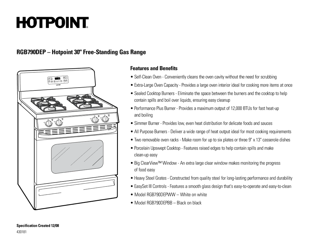 Hotpoint RGB790DEPBB, RGB790DEPWW dimensions Features and Benefits, Bakeke, Cclear 