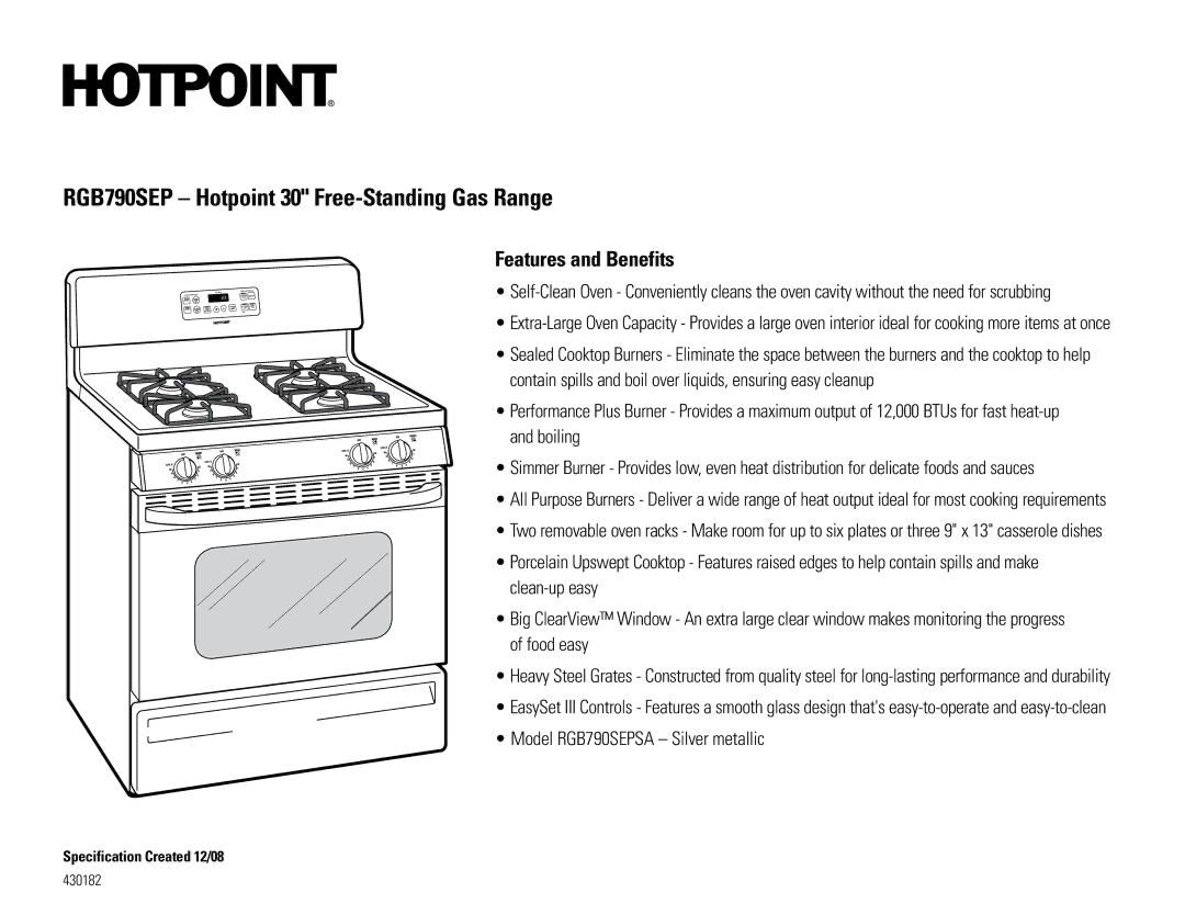 Hotpoint RGB790WEK dimensions Features and Benefits, Model RGB790SEPSA Silver metallic, Bakeke, Cclear 