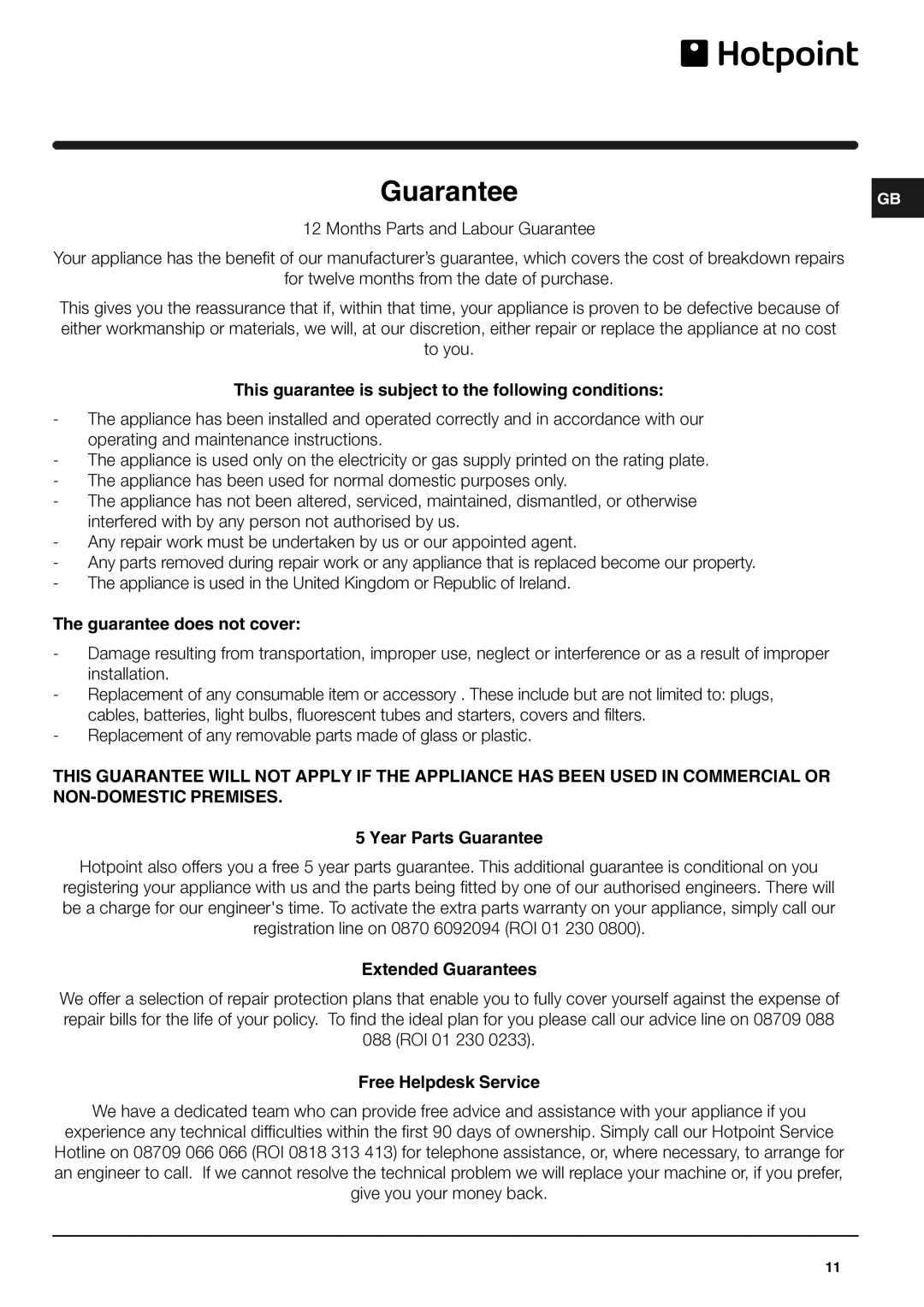 Hotpoint RL150G, RL150P operating instructions Guarantee 