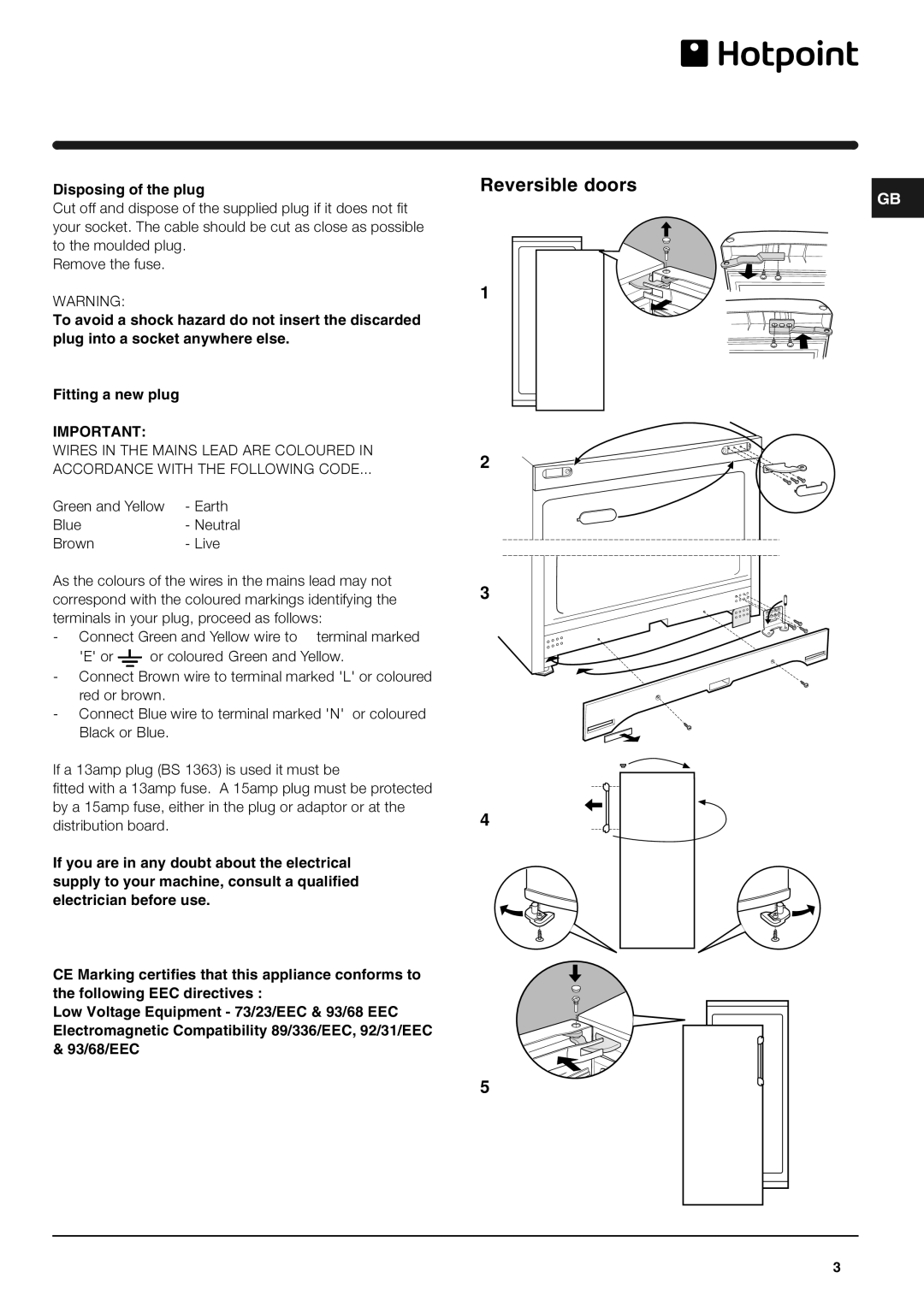 Hotpoint RL150G, RL150P operating instructions Reversible doors, Disposing of the plug 